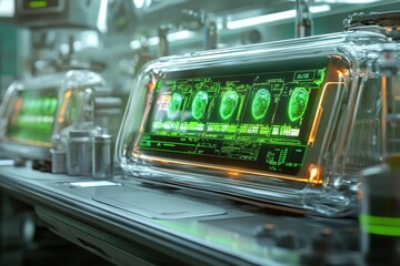 Holographic interface displaying real-time bacterial removal stats in a sci-fi medical lab