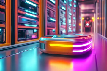 A warehouse storage robot equipped with cleaning tools disinfecting aisles, futuristic smart logistics, sleek industrial design