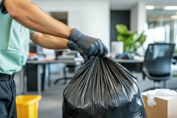 Janitor changing a full trash bag in an office, waste management, workplace hygiene