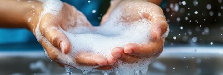 Close-up of hands being scrubbed after gardening, dirt washing away with soap suds, dramatic contrast between clean and dirty