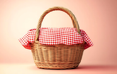 woven picnic basket, cheerfully draped with red gingham, evokes sense of summery delight and promise of outdoor meals