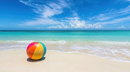 Obraz premium Colorful beach ball on white sand beach with turquoise ocean and blue sky on a bright sunny day