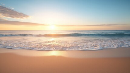 Fototapeta premium Serene sunset scene over a tranquil beach with soft waves gently rolling onto the sandy shore and a colorful sky