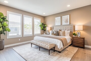 Fototapeta premium A luxurious master bedroom with a king-size bed, soft neutral palette, elegant lighting fixtures, and a stylish accent wall
