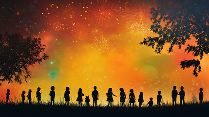 Fototapeta premium Silhouetted people enjoy vibrant fireworks illuminating night sky, creating sense of wonder and celebration beneath colorful, expansive scene