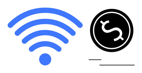 Blue wireless signal icon beside black dollar coin emphasizing internet access fees, data pricing. Ideal for technology, finance, communication, subscriptions, online services, economic concepts