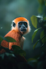 Fototapeta premium Majestic Monkey with Bright Orange Fur and Intense Gaze Amidst Lush Green Foliage