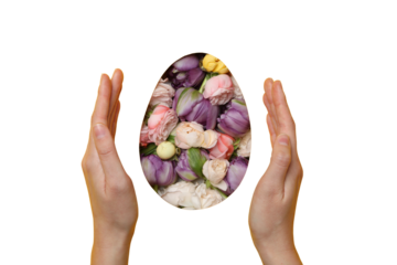 PNG, Easter, flowers in the shape of an egg with hands, isolated on a white background