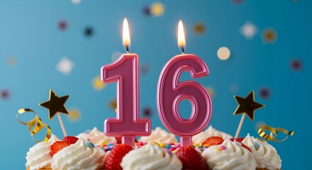Sweet Sixteen: Cake topped with numeral candles for 16th birthday party ,AI generated
