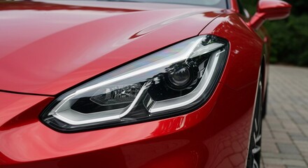 Red car sleek headlight with modern design and glossy paint finish ,AI generated