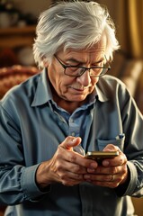 Senior Man Engaged in Mobile Technology at Home