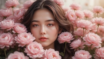 Fototapeta premium Beautiful Young Woman with Brown Hair Surrounded by Pink Flowers Soft Light Portrait
