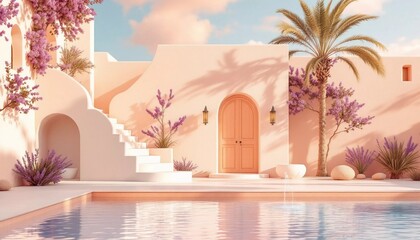Peach toned villa with pool staircase flowers and palm tree ,AI generated