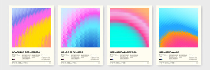 Posters with wavy textured reeded glass and color gradient wavy pattern background. Vector modern glassmorphism or 3D displacement effect of ribbed glass morphism for trendy posters