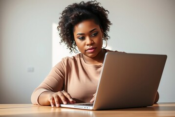 Focused Young Woman Working on Laptop at Home Office