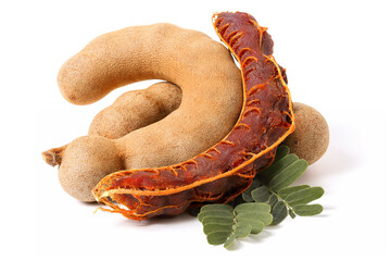  Sweet tamarind ripe peeled to reveal juicy flesh with green leaves. isolated on white background.