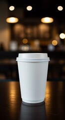 White beverage cup on reflective wood surface with lights in the background ,AI generated