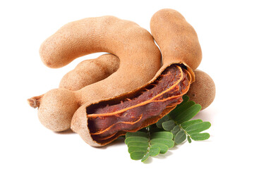  Sweet tamarind ripe peeled to reveal juicy flesh with green leaves. isolated on white background.