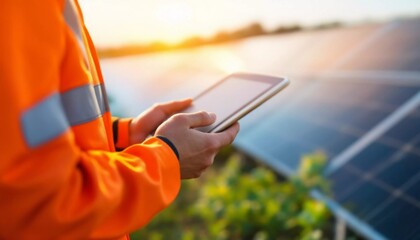 Engineer using tablet computer at solar panel farm on sunny day ,AI generated