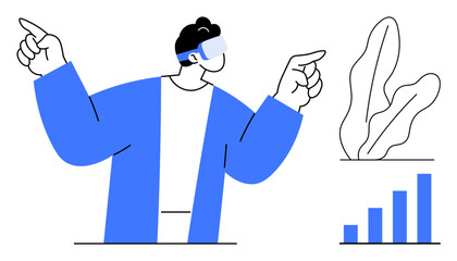 Individual wearing virtual reality headset, pointing interactively. Includes abstract plant design and bar chart. Ideal for innovation, technology, analysis, progress, data future creativity. Flat