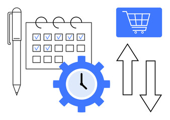 Pen, calendar with check marks, gear with clock, shopping cart, and bidirectional arrows. Ideal for scheduling, time management, productivity planning e-commerce workflow and strategy. Flat