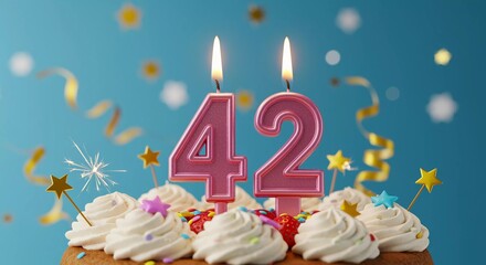 Celebrating 42: Birthday cake with candles sprinkles and decorative stars ,AI generated