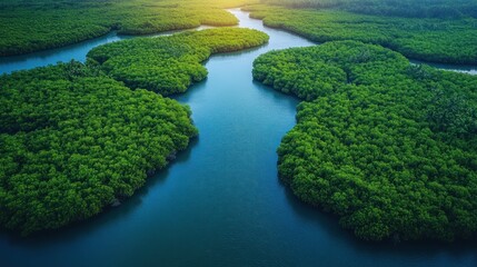 Lush Green Mangrove Forest With Winding River