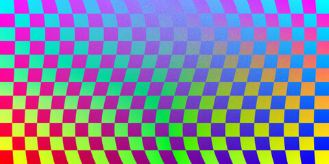 Retro groovy background with checkerboard pattern. Vector psychedelic wavy chessboard. Checkered gradient background with psychedelic grid effect with noise texture