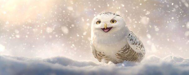 A smiling animated snowy owl sitting in a snowy winter scene