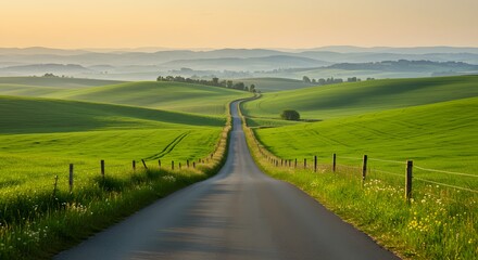 Rolling Green Hills Landscape with Road Leading to Horizon at Sunrise