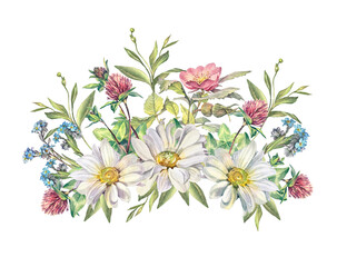Watercolor bouquet with clover chamomile rosehip forget-me-not isolated on white background. Spring and summer flower for card. Wildflower and herb. Hand-drawn clipart for wallpaper or wrapping