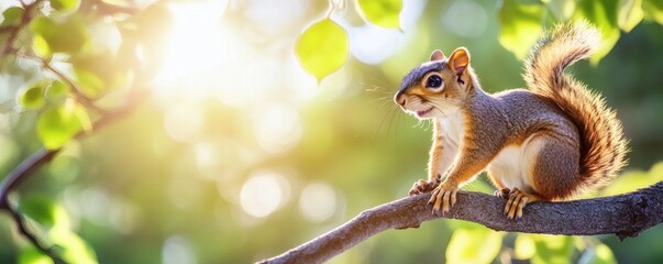 Obraz premium A fluffy squirrel sitting on a tree branch in bright sunlight