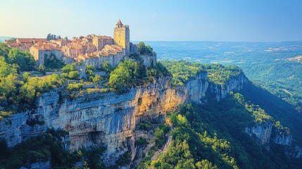 Naklejka premium Ancient European village sits atop dramatic cliffs with the sun setting