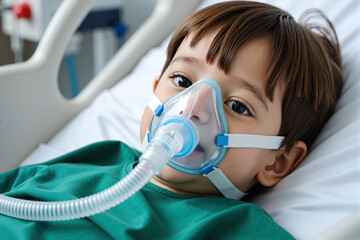 Young child lies in a hospital bed with an oxygen mask, surrounded by medical equipment, symbolizing hope and pediatric care. Ideal for healthcare campaigns, family support, or medical education