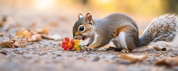 Fototapeta premium A small grey squirrel sniffing and exploring colorful wildflowers on the ground