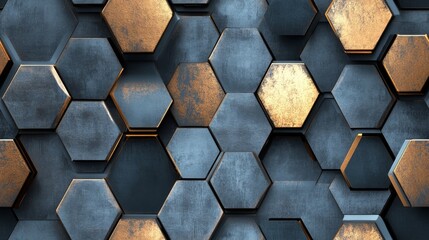 Artistic Hexagon Textured Design With Metallic Dark And Golden Colors