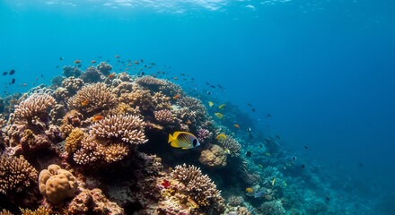 Vibrant coral reef thrives under sunlit turquoise water showcasing diverse marine life. AI Generated
