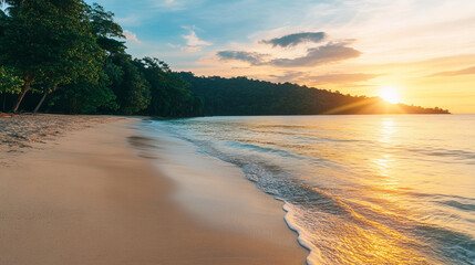 Obraz premium serene beach at sunset with gentle waves lapping shore, surrounded by lush greenery