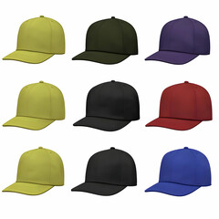 Nine 3D-rendered baseball caps in various colors, showcasing different hues and shades for design inspiration and mockup purposes.