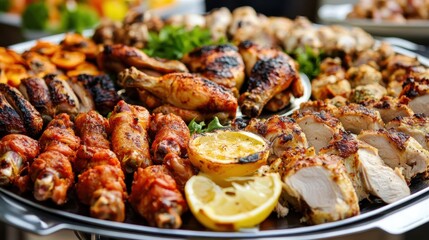 Delicious Grilled Chicken Platter with Lemons, Colorful Side Dishes, and Fresh Herbs at a Festive Outdoor Gathering