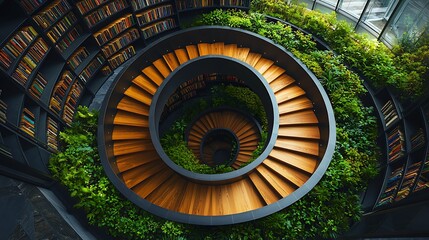 Fototapeta premium Wooden Spiral Staircase in Green Library