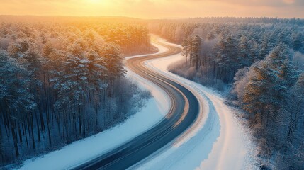 Obraz premium Winding Winter Road Through Snowy Pine Forest