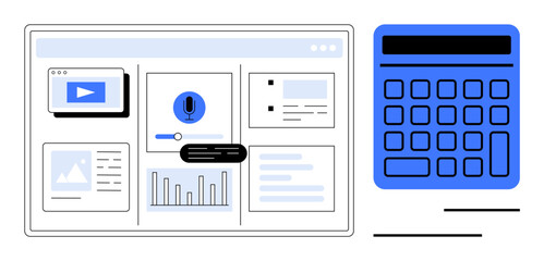 Digital dashboard displaying charts, voice input, media player, and widgets alongside a blue calculator. Ideal for technology, UIUX, data management, education, productivity tools software digital