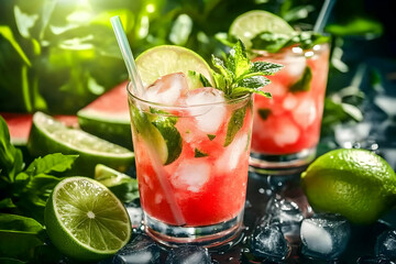 Refreshing Watermelon Mint Lime Cocktail garnished with ice cubes, in a glass, surrounded by lime slices and mint leaves on a dark background.
