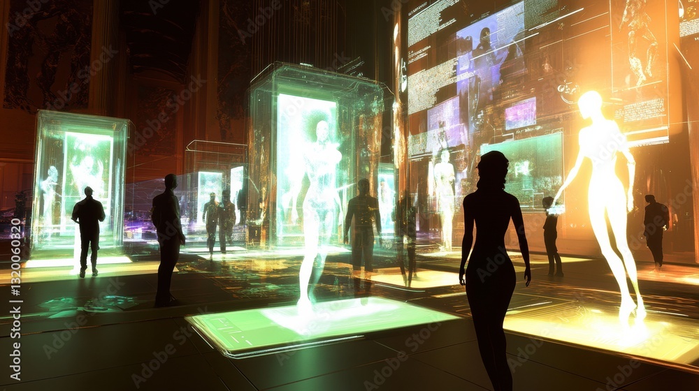 Aufkleber Digital lobby showcasing avatars and holographic interfaces for social interaction in the metaverse, designed with principles of composition