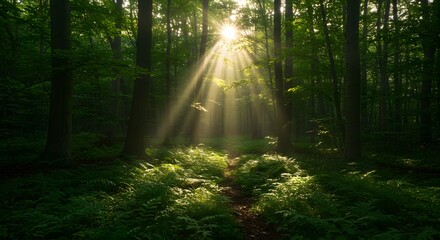 Obraz premium Sunlight Beams Through Lush Green Forest Trees - Woodland Scenery with Sun Rays and Mist