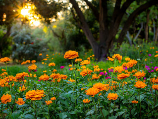 Obraz premium Golden hour illuminating field of vibrant orange flowers in garden, surrounded by lush greenery and trees
