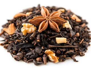 Obraz premium Delicious pile of rich dark chocolate and crunchy nuts artfully arranged on a clean white background for gourmet appeal