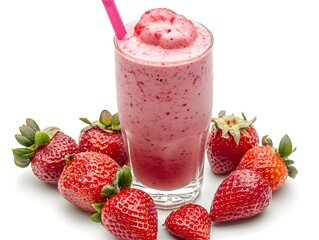Creamy strawberry milkshake loaded with fresh strawberries blended smoothly and presented on a clean white background