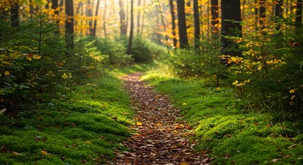 Obraz premium Sunlit Forest Path with Green Moss, Autumn Leaves, and Trees